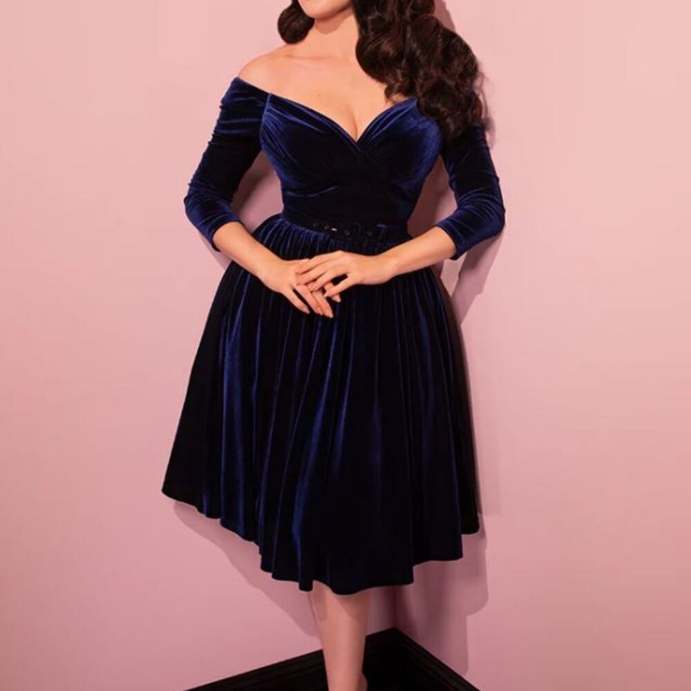 NWT Vixen by Micheline Pitt Navy Velvet Starlet Swing Dress